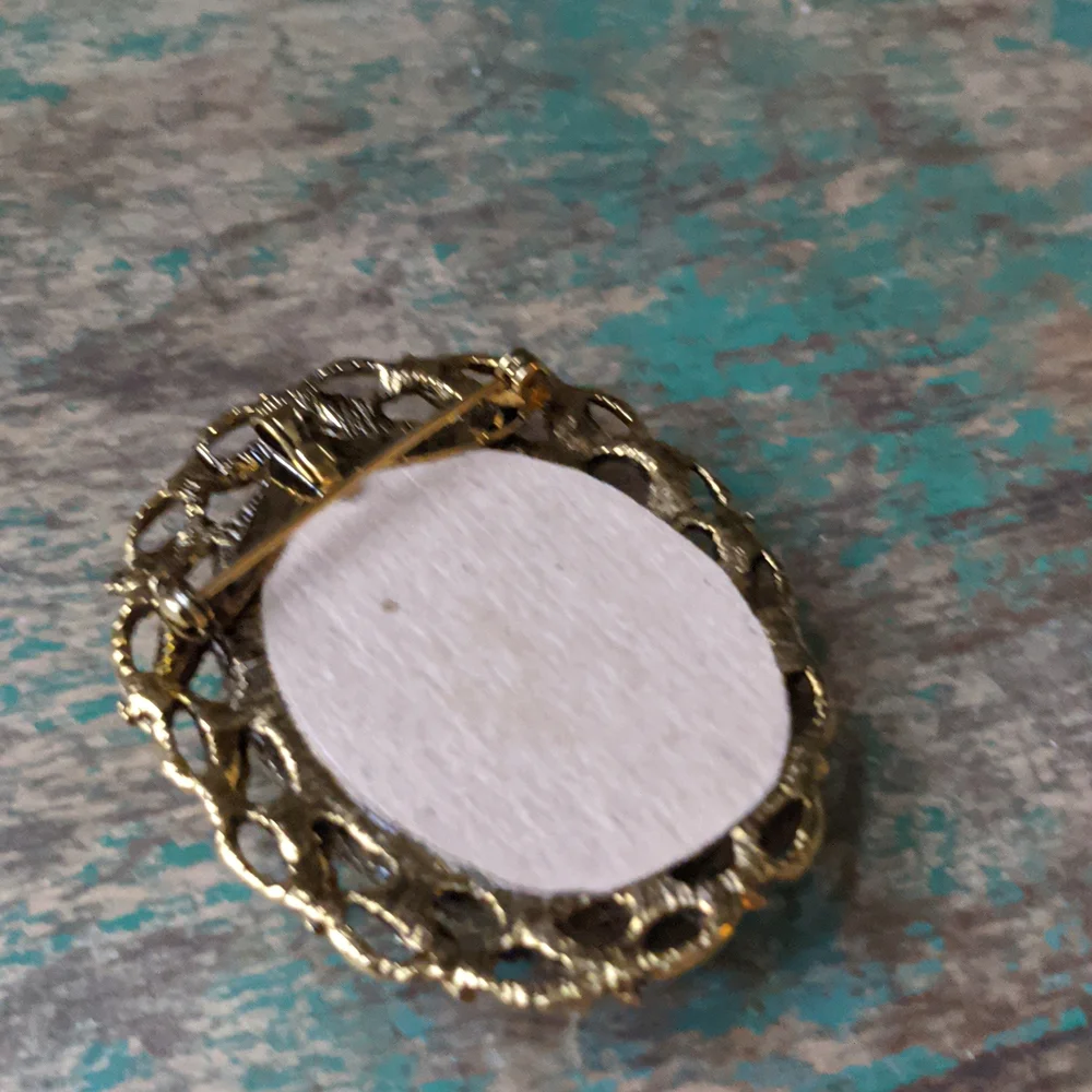 Vintage Embroidered Linen Flower Gold  Framed Coquette Brooch Pin Pendant